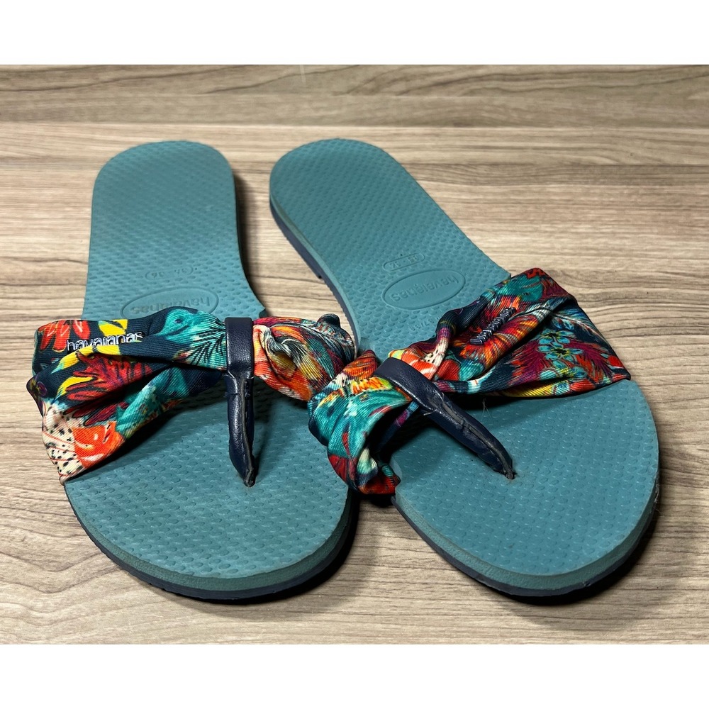 Havaianas Flip Flops Teal Tropical Bow Thong Sandals Women US 7
